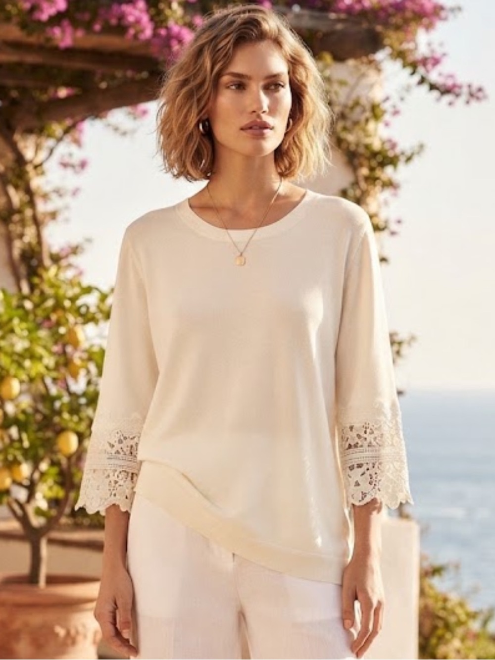 Talbots White Relaxed Fit Top Lace Cuffs Size S